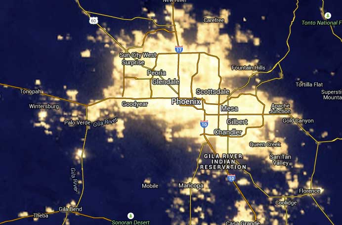 This screen shot from the NASA Blue Marble map shows the incredible amount of light coming stemming from Phoenix, Arizona