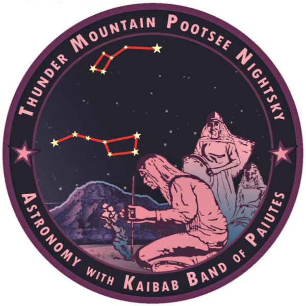 The logo for the Thunder Mountain Pootsee Nightsky, an International Dark Sky Community consisting of the Kaibab Paiute Indian Reservation. The logo shows a drawing of three tribe members under a night sky with the big and little dippers above.