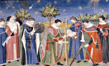 An early 15th century painting of several clerks studying astronomy and geometry against the backdrop of a starry night sky.
