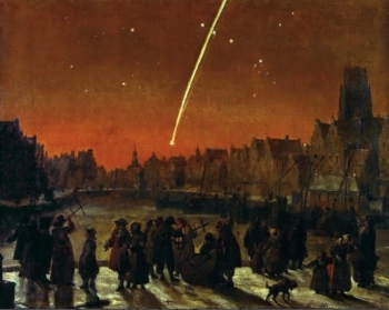 A painting of the Great Comet of 1680 Over Rotterdam depicts people outside looking at the sky that has a fireball descending. 