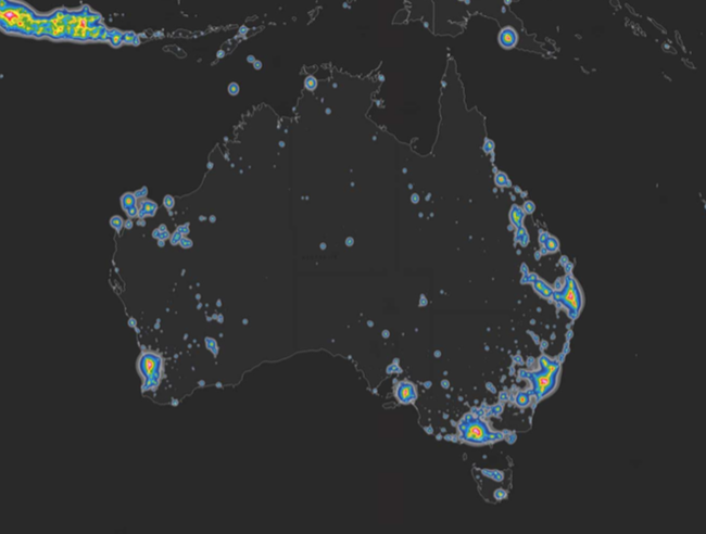 The predicted artificial light ratio over Australian skies, from the New World Atlas of Artificial Sky Brightness (2016)