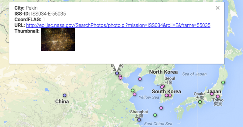 An example of the map interface of the Cities At Night project, showing the record for an image of Beijing, China at night. Cities at Night photo.