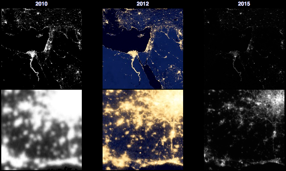 A series of map cutouts from the Blue Marble website illustrating the resolution and scale of images taken in 2010, 2012 and 2015.