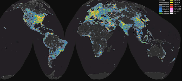 World map of artificial sky brightness. Image from the new "World Atlas of Artificial Night Sky Brightness."