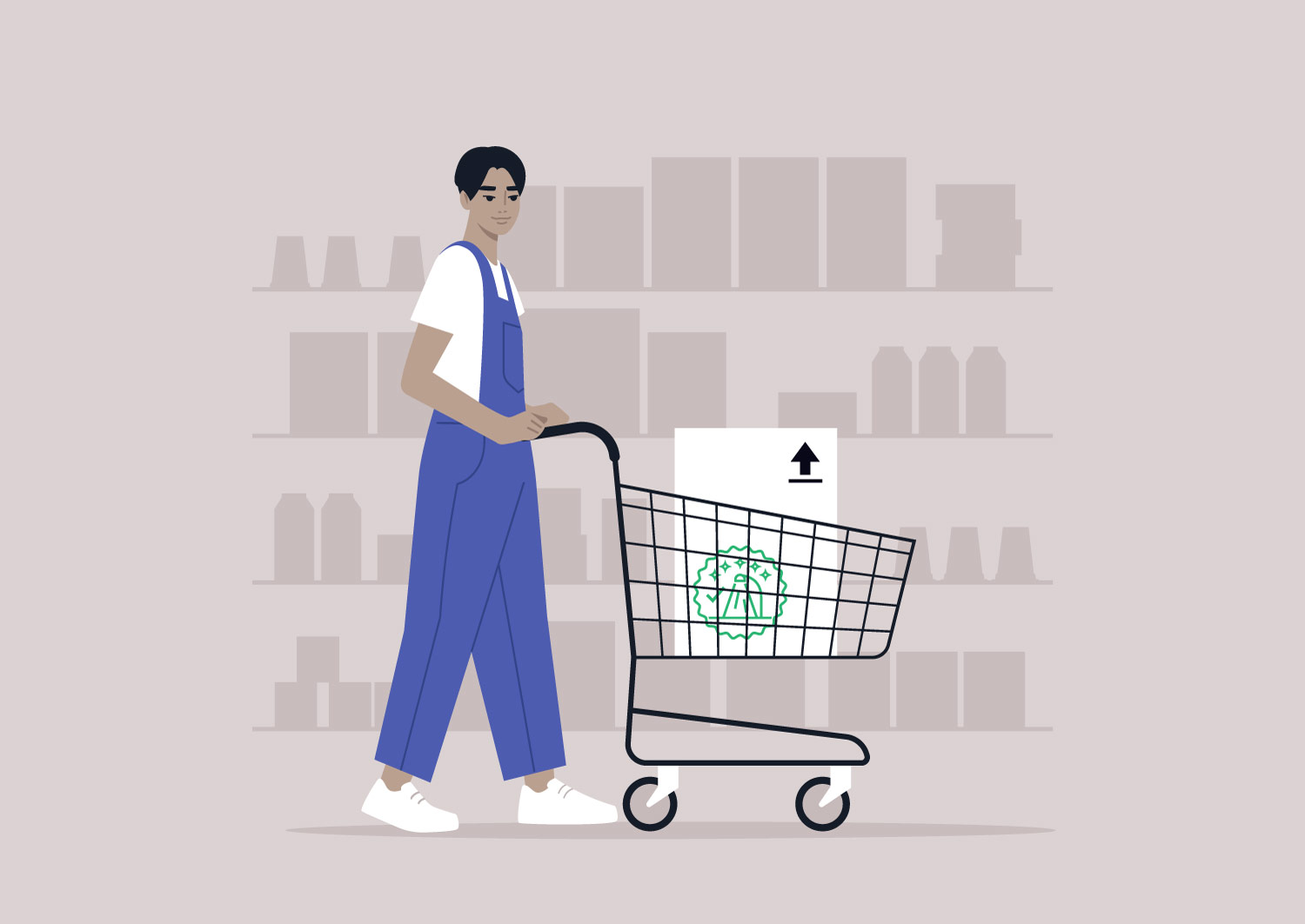 Illustration of a person shopping for DarkSky Approved lighting in a home improvement store.